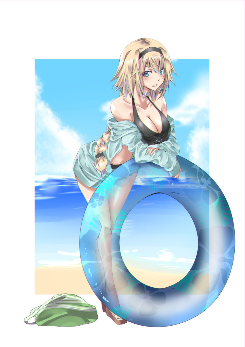 alternate_costume bare_shoulders beach bikini black_bikini blonde_hair blue_eyes blue_jacket blue_sky breasts collarbone contemporary day dorashieru eyebrows_visible_through_hair eyes_visible_through_hair fate/grand_order fate_(series) floral_print front-tie_top full_moon hair_between_eyes hairband highres innertube jacket jeanne_d'arc_(fate)_(all) jeanne_d'arc_(swimsuit_archer) large_breasts leaning_forward long_hair moon ocean outdoors parted_lips sand sky smile solo stomach swimsuit very_long_hair water