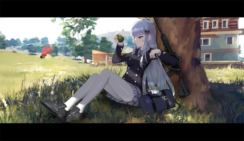 bangs blunt_bangs building closed_mouth commentary explosive eyebrows_visible_through_hair facial_mark girls_frontline green_eyes grenade gun heckler_&amp;_koch hk416 hk416_(girls_frontline) long_hair outdoors pantyhose plaid plaid_skirt playerunknown's_battlegrounds pleated_skirt rifle school_uniform silver_hair sitting skirt tree tttanggvl under_tree weapon white_legwear