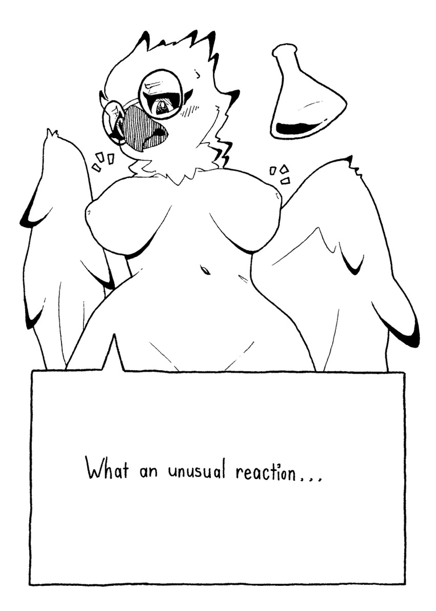 2018 amelia_abernachy anthro avian beak bird black_feathers black_sclera breasts dialogue english_text eyewear feathered_wings feathers female glasses inverted_nipples nipples nude owl pashoo potion simple_background slightly_chubby snowy_owl solo text white_feathers wide_hips wings