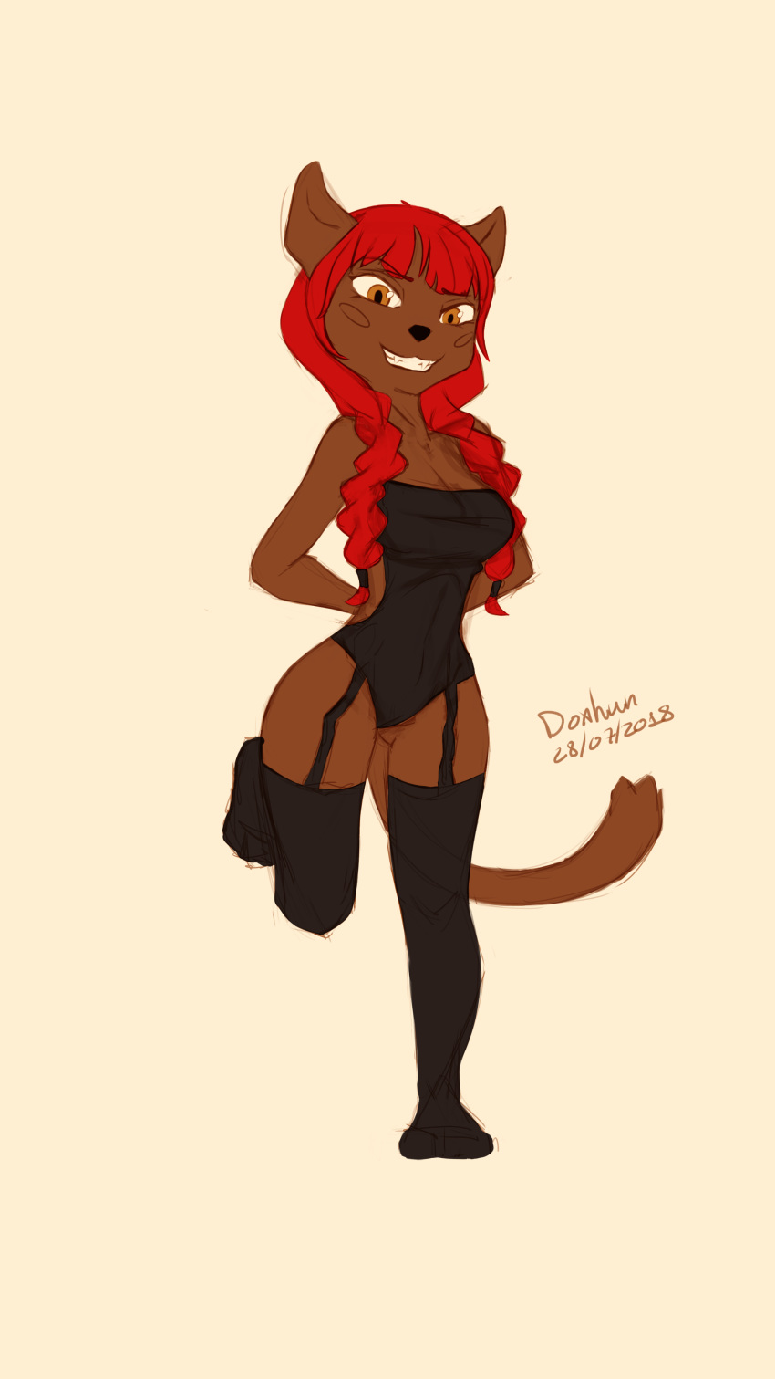 cat clothing doxhun fan_character feline female legwear lingerie looking_at_viewer mammal smilling sofia_couture standing_in_one_leg stockings wakfu