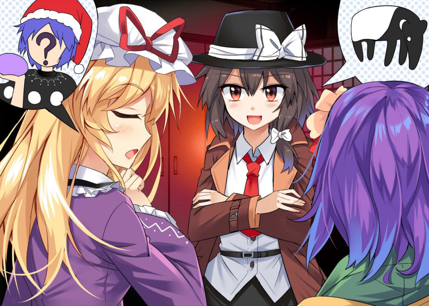 :d ? belt black_belt black_dress black_hat black_skirt blob blonde_hair blue_hair blush bow brown_coat brown_eyes brown_hair closed_eyes coat commentary_request crossed_arms doremy_sweet dress e.o. eyebrows_visible_through_hair fedora flower frilled_shirt_collar frilled_sleeves frills from_behind green_kimono hair_bow hair_flower hair_ornament hand_up hat hat_bow hat_ribbon hieda_no_akyuu holding indoors japanese_clothes kimono long_hair long_sleeves looking_at_another maribel_hearn mob_cap multiple_girls necktie open_mouth pink_flower pom_pom_(clothes) profile purple_dress purple_hair red_hat red_neckwear red_ribbon ribbon santa_hat shirt short_hair skirt smile speech_bubble tapir touhou upper_body usami_renko white_bow white_hat white_shirt wide_sleeves wing_collar yellow_kimono