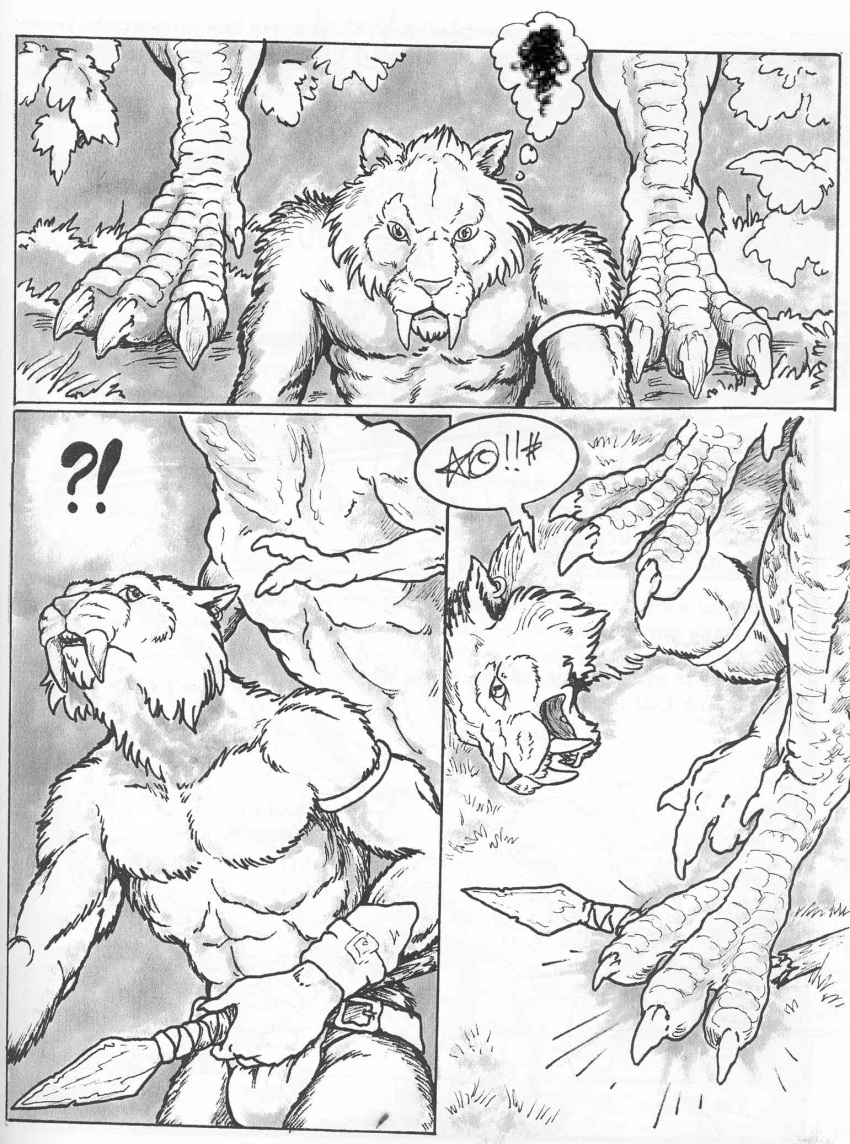 ?! abs alternate_version_at_source anthro armband armlet athletic broken chris_sawyer claws clothing comic dinosaur ear_piercing edit fangs feline feral frustrated grass grawlixes greyscale holding_down hunter hunting loincloth male mammal mane melee_weapon monochrome outside piercing pinned plant polearm prey_for_me_(comic) restrained saber-toothed_cat sabertooth_(disambiguation) scales scalie spear stepping_on surprise theropod tyrannosaurus_rex weapon