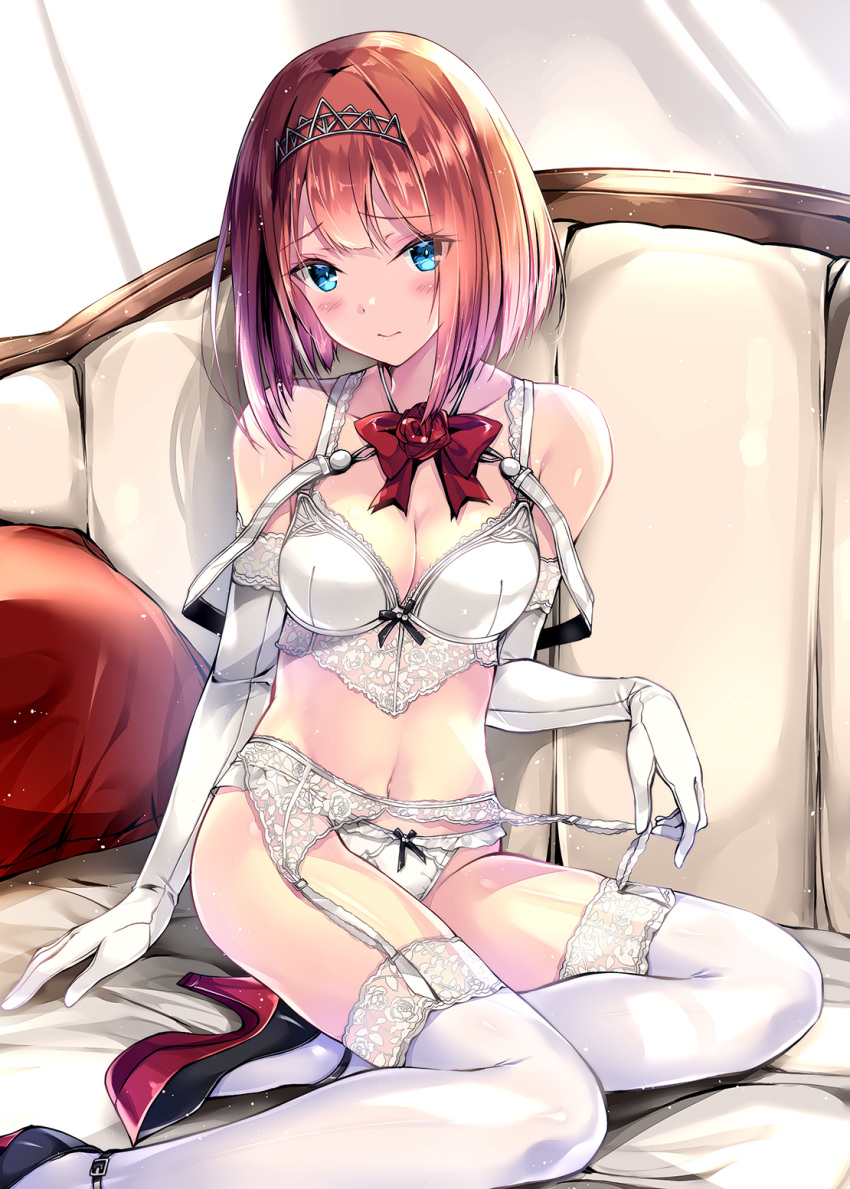 3: ark_royal_(kantai_collection) bangs bare_shoulders bed blue_eyes blush bob_cut bow bowtie bra breasts cleavage collarbone commentary_request elbow_gloves eyebrows_visible_through_hair eyes_visible_through_hair flower garter_belt garter_straps gloves hairband high_heels highres indoors kantai_collection kobayashi_chisato light_particles lingerie looking_at_viewer medium_breasts navel on_bed panties red_bow red_flower red_hair red_rose ribbon rose short_hair sidelocks sitting smile solo stomach thighhighs tiara underwear underwear_only white_bra white_gloves white_legwear white_panties yokozuwari