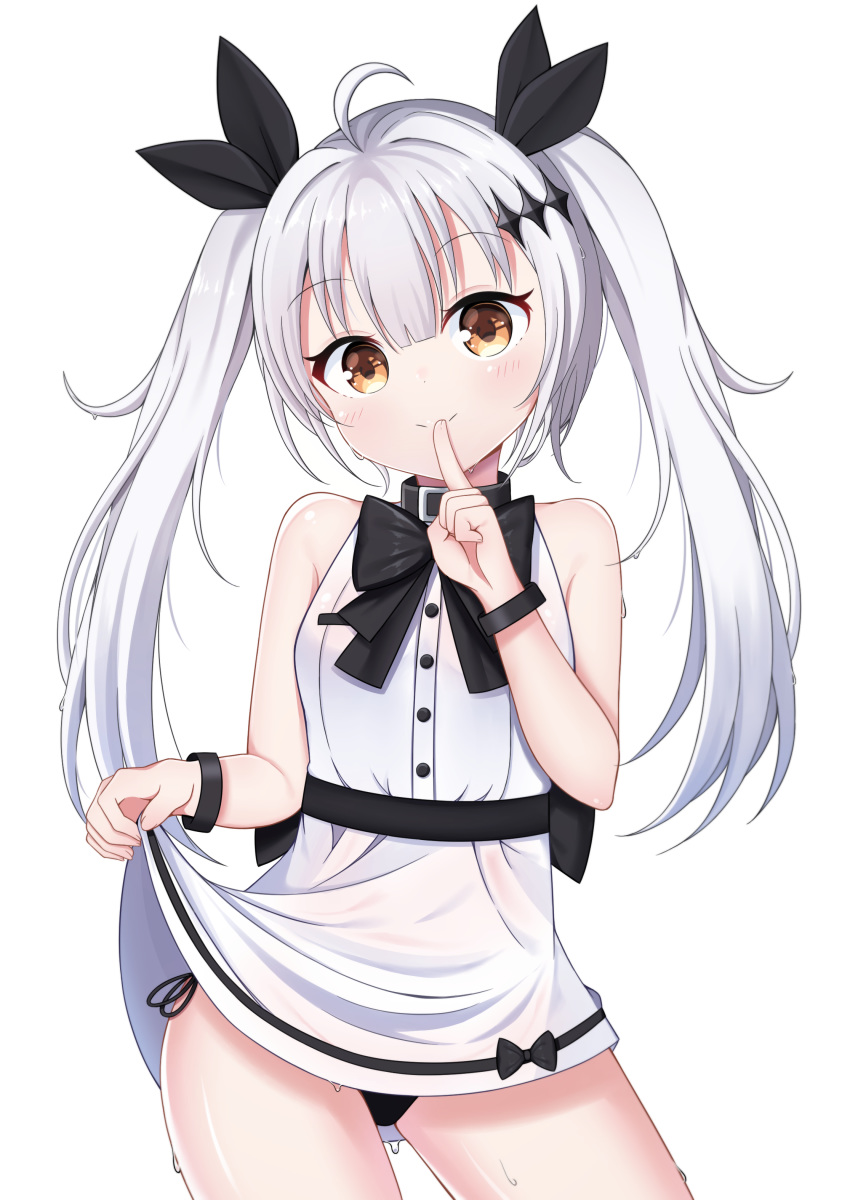 absurdres ahoge bare_shoulders black_bow black_panties black_ribbon blush bow brown_eyes closed_mouth commentary_request dress fingernails five-seven_(girls_frontline) girls_frontline hair_ornament hair_ribbon hand_up head_tilt highres long_hair looking_at_viewer panties ribbon see-through side-tie_panties sidelocks silver_hair simple_background skirt_hold sleeveless sleeveless_dress smile solo starfox1015 twintails underwear very_long_hair wet wet_clothes wet_dress white_background white_dress younger
