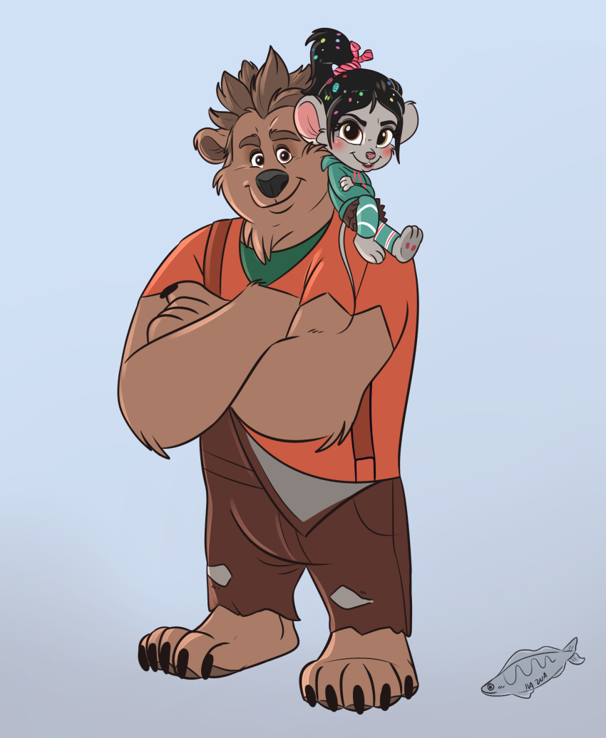 2018 3_toes 4_fingers 5_fingers 5_toes absurd_res age_difference alternate_species anthro anthrofied barefoot black_eyebrows black_hair black_nose blush brown_bear brown_eyebrows brown_eyes brown_fur brown_hair cheek_tuft claws clothing crossed_arms disney duo elbow_tufts eyebrows female fur furrification grey_background grey_fur hair hi_res hoodie ilazua larger_male leggings legwear looking_at_viewer male mammal mouse older_male overalls pink_nose ponytail ralph_(wreck-it_ralph) rodent shirt simple_background size_difference skirt smaller_female smile smirk sweater t-shirt toe_claws toes tuft ursine vanellope_von_schweetz white_background wreck-it_ralph younger_female