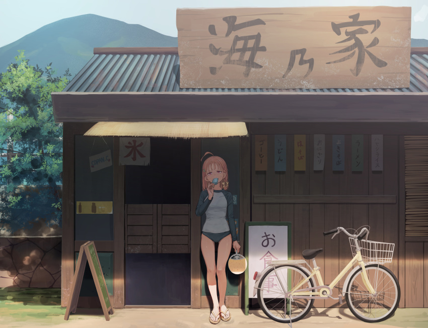 absurdres bangs bicycle bicycle_basket bow braid buruma clover_hair_ornament eating expressive_hair fan flip-flops food ground_vehicle hair_bow hair_ornament highres hill holding holding_fan love_live! love_live!_sunshine!! orange_hair paper_fan popsicle raglan_sleeves red_eyes sandals shade side_braid sign solo storefront sweat takami_chika translation_request tree yellow_bow yunamul