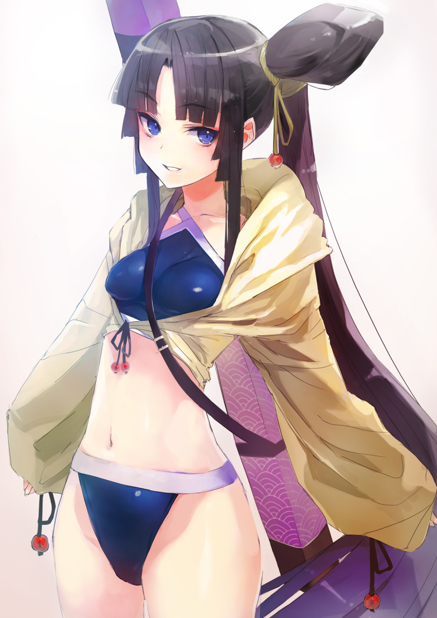bangs bikini black_hair blue_bikini blue_eyes blush breasts collarbone commentary_request eyebrows_visible_through_hair fate/grand_order fate_(series) highres hips jacket long_hair looking_at_viewer navel parted_bangs side_ponytail sidelocks simple_background sleeves_past_wrists smile solo swimsuit taishi_(picchiridou) ushiwakamaru_(fate/grand_order) ushiwakamaru_(swimsuit_assassin)_(fate) very_long_hair white_background yellow_jacket