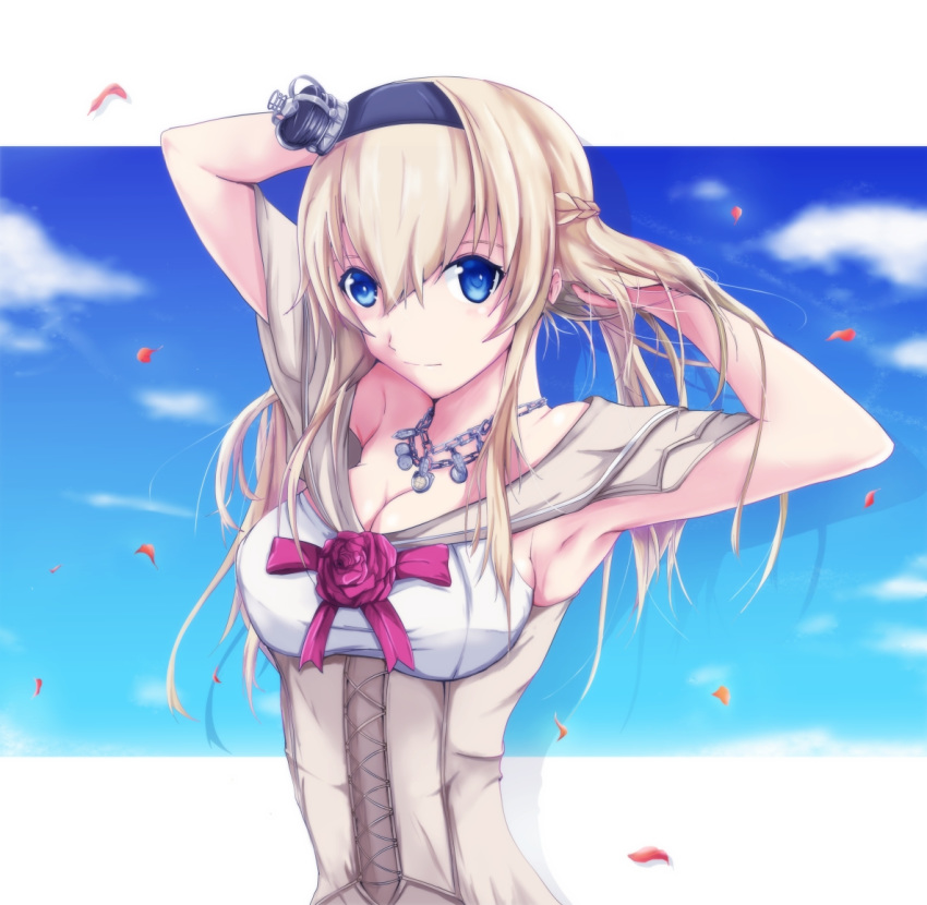 arms_behind_head arms_up blonde_hair blue_eyes blue_sky braid breasts cleavage cloud crown dress flower french_braid hairband jewelry kantai_collection long_hair looking_at_viewer mable mini_crown necklace off-shoulder_dress off_shoulder red_flower red_rose rose sky tilted_headwear upper_body warspite_(kantai_collection) white_dress