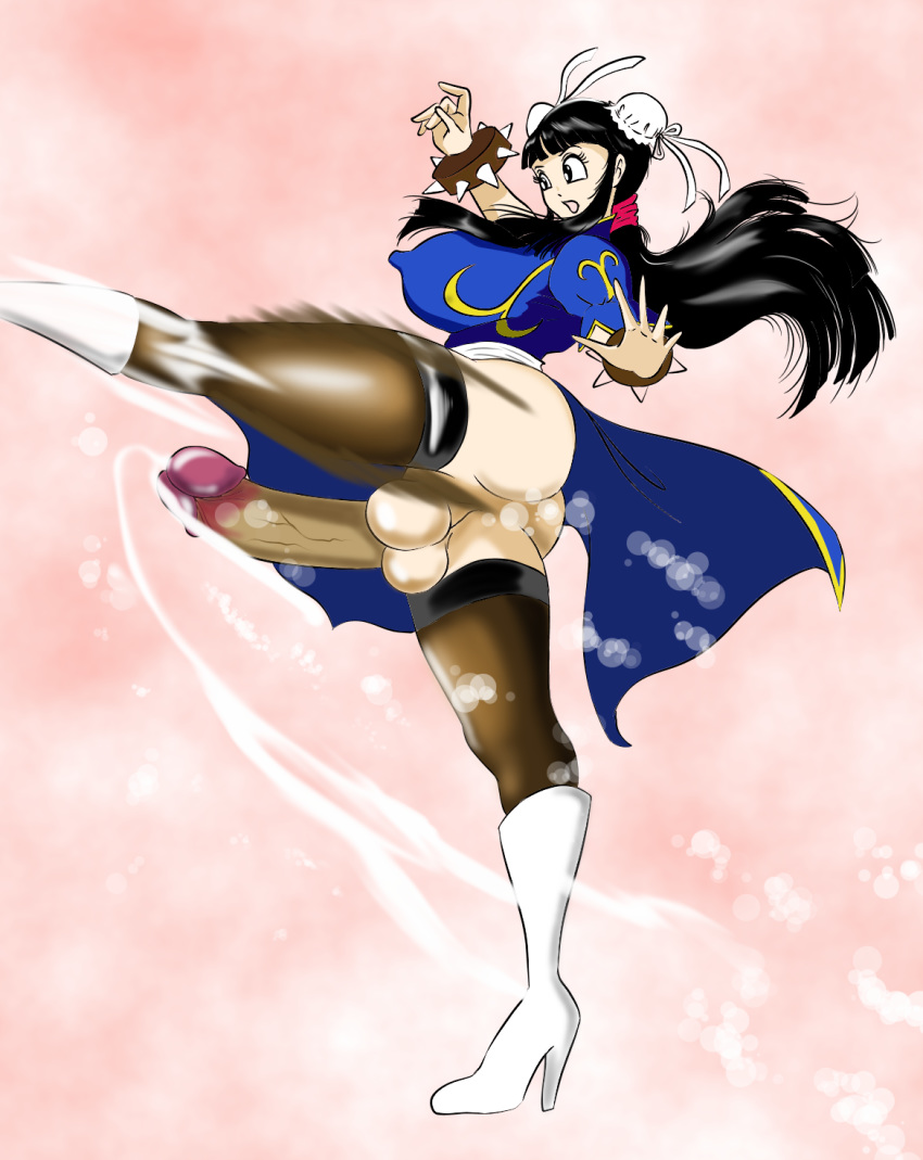 90s ass bangs black_eyes black_hair blue_dress blunt_bangs boots bracelet breasts brown_legwear bun_cover chi-chi_(dragon_ball) china_dress chinese_clothes chun-li chun-li_(cosplay) commentary_request cosplay cum dragon_ball dress ejaculation eyelashes futanari high_heel_boots high_heels highres huge_breasts huge_penis jewelry kicking knee_boots long_hair newhalf open_mouth outstretched_leg pantyhose penis perineum projectile_cum puffy_short_sleeves puffy_sleeves short_sleeves solo spiked_bracelet spikes standing standing_on_one_leg stiletto_heels straight_hair street_fighter surigoma testicles thick_thighs thighs uncensored veins veiny_penis very_long_hair white_footwear