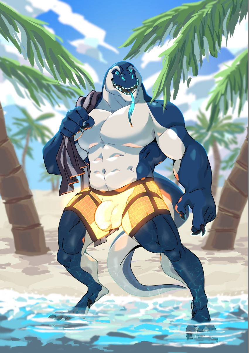 abs anthro beach biceps bioluminescence blue_eyes blue_skin bulge claws clothing glowing glowing_clothes komodo_dragon lizard long_tail male monitor_lizard muscular muscular_male open_mouth palm_tree partially_submerged pecs penis_outline reptile scalie seaside sheer_clothing smile solo standing swimming_trunks swimsuit taoren teeth thick_thighs tongue tongue_out towel translucent transparent_clothing tree tropical vincent_(fishbook5) white_skin