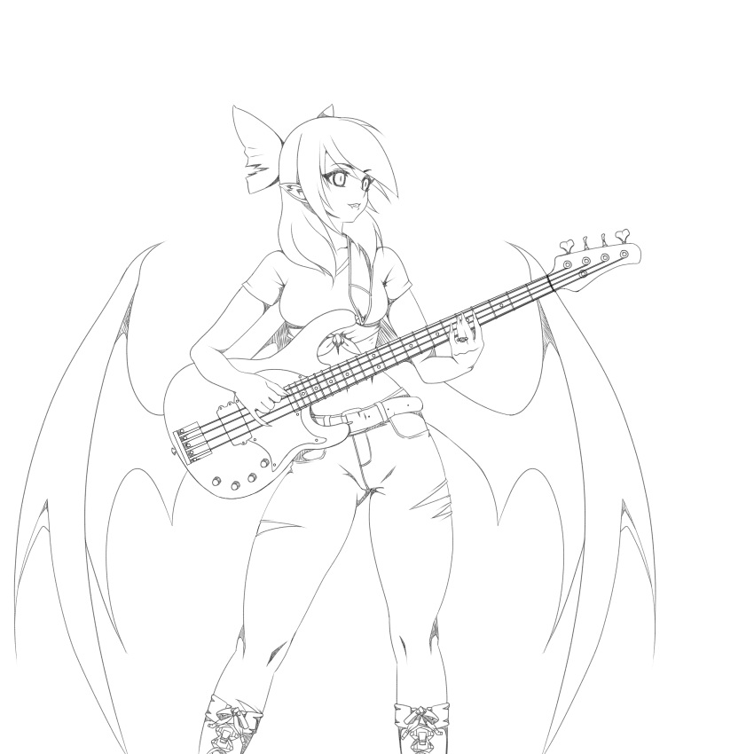 absurdres bass_guitar belt bow commentary english_commentary fangs fingernails greyscale hair_bow highres holding holding_instrument instrument long_hair monochrome music original pants parted_lips playing_instrument pointy_ears reddgeist sharp_fingernails shirt short_sleeves simple_background smile solo standing vampire white_background wings