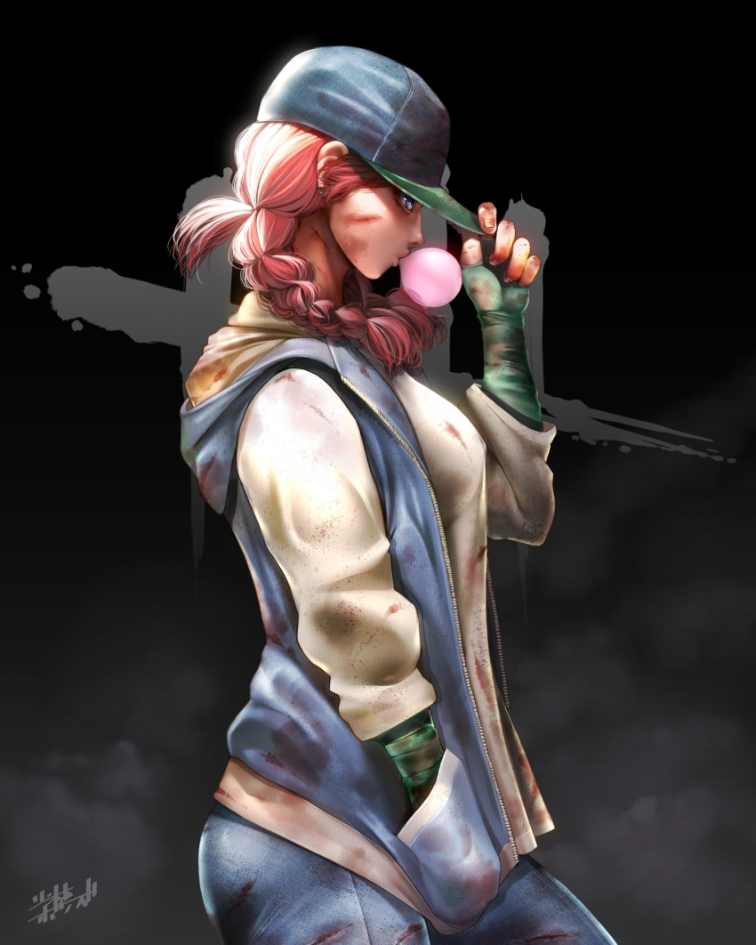 black_background blood bloody_clothes blue_eyes braid chewing_gum dead_by_daylight fingerless_gloves gloves green_gloves hand_in_pocket hat highres injury long_sleeves meg_thomas pink_hair profile short_hair shourin_bonzu simple_background solo twin_braids