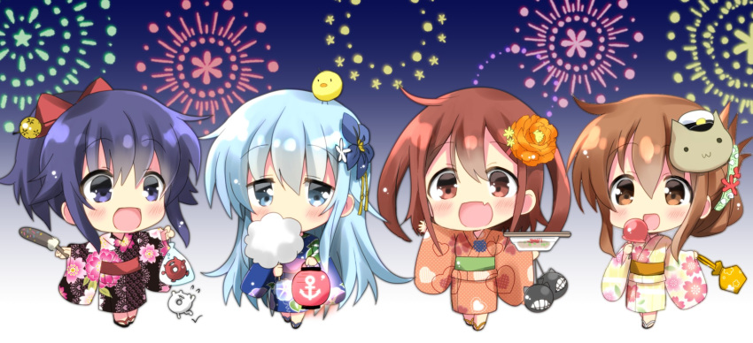 :d aerial_fireworks akatsuki_(kantai_collection) anchor_symbol animal animal_on_head bag bangs black_hair black_kimono blue_eyes blue_hair blue_kimono blush brown_eyes brown_hair brown_kimono candy_apple cat_mask chibi chick_on_head chocolate_banana cotton_candy covered_mouth enemy_lifebuoy_(kantai_collection) eyebrows_visible_through_hair fireworks floral_print food full_body gradient_sky hair_between_eyes hibiki_(kantai_collection) highres hizuki_yayoi holding holding_food ikazuchi_(kantai_collection) inazuma_(kantai_collection) japanese_clothes kantai_collection kimono lantern long_hair long_sleeves mask multiple_girls on_head open_mouth orange_kimono ponytail print_kimono purple_eyes purple_hair satchel short_hair sky smile standing very_long_hair white_kimono wide_sleeves yukata