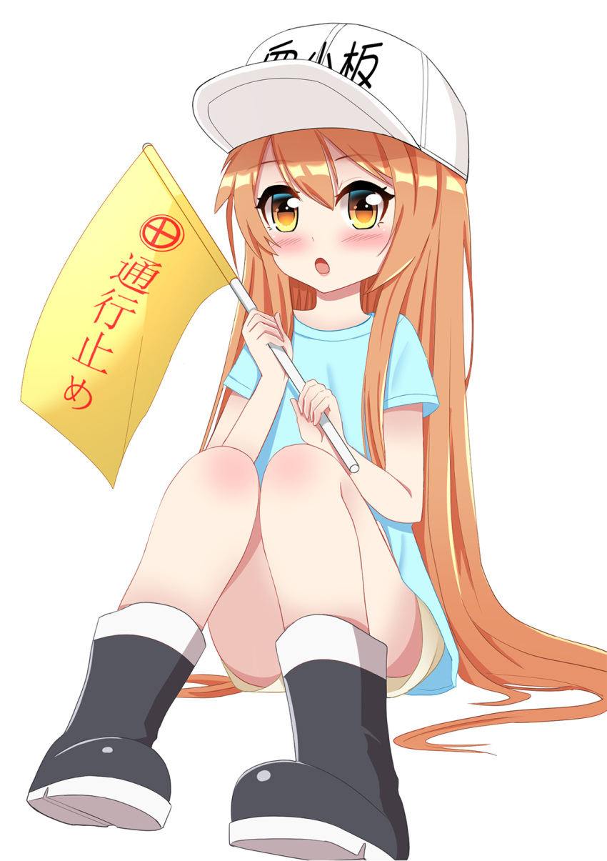 :o bangs black_footwear blue_shirt blush boots brown_eyes brown_shorts character_name clothes_writing commentary_request eyebrows_visible_through_hair flag flat_cap hair_between_eyes hands_up hat hataraku_saibou highres holding holding_flag leng_xiao light_brown_hair long_hair looking_at_viewer open_mouth pigeon-toed platelet_(hataraku_saibou) shirt short_shorts short_sleeves shorts simple_background sitting solo very_long_hair white_background white_hat