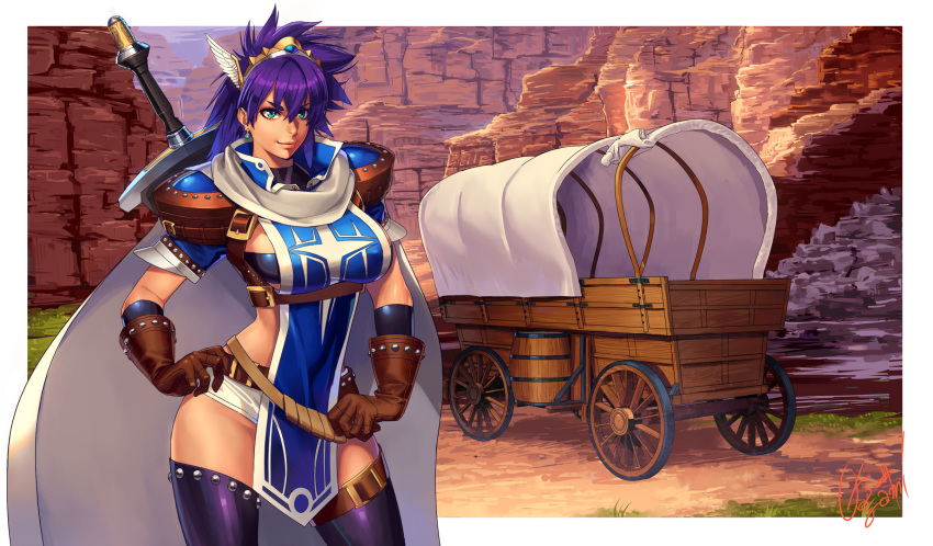 bangs barrel belt black_bra border bra breasts brown_belt brown_gloves cape carriage closed_mouth commentary_request contrapposto cowboy_shot day earrings fantasy gem gloves grass green_eyes hair_between_eyes hairband hand_on_hip high_collar highres jewelry large_breasts leather leather_gloves long_hair looking_away ogami original outdoors outside_border purple_hair purple_legwear shiny shiny_hair short_shorts short_sleeves shorts signature smile solo spiked_hair standing sword tabard thick_eyebrows thigh_strap tiara underwear wagon warrior weapon weapon_on_back white_border white_cape white_shorts winged_hairband