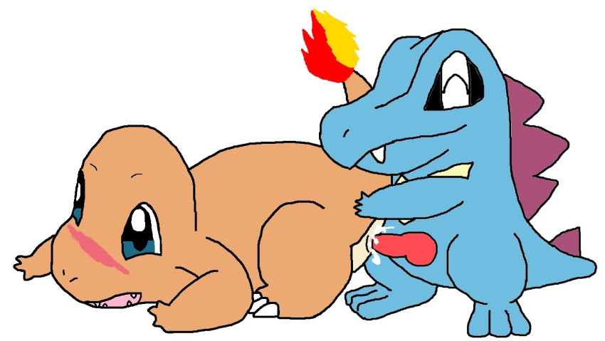 ambiguous_gender ambiguous_penetrated ambiguous_penetration animal_genitalia blush charmander cum cum_in_pussy cum_inside duo feral feral_on_feral from_behind_position interspecies knot male male/ambiguous male_penetrating mounting nintendo penetration penis pok&eacute;mon pok&eacute;mon_(species) scalie sex simple_background totodile vaginal video_games white_background zoxious