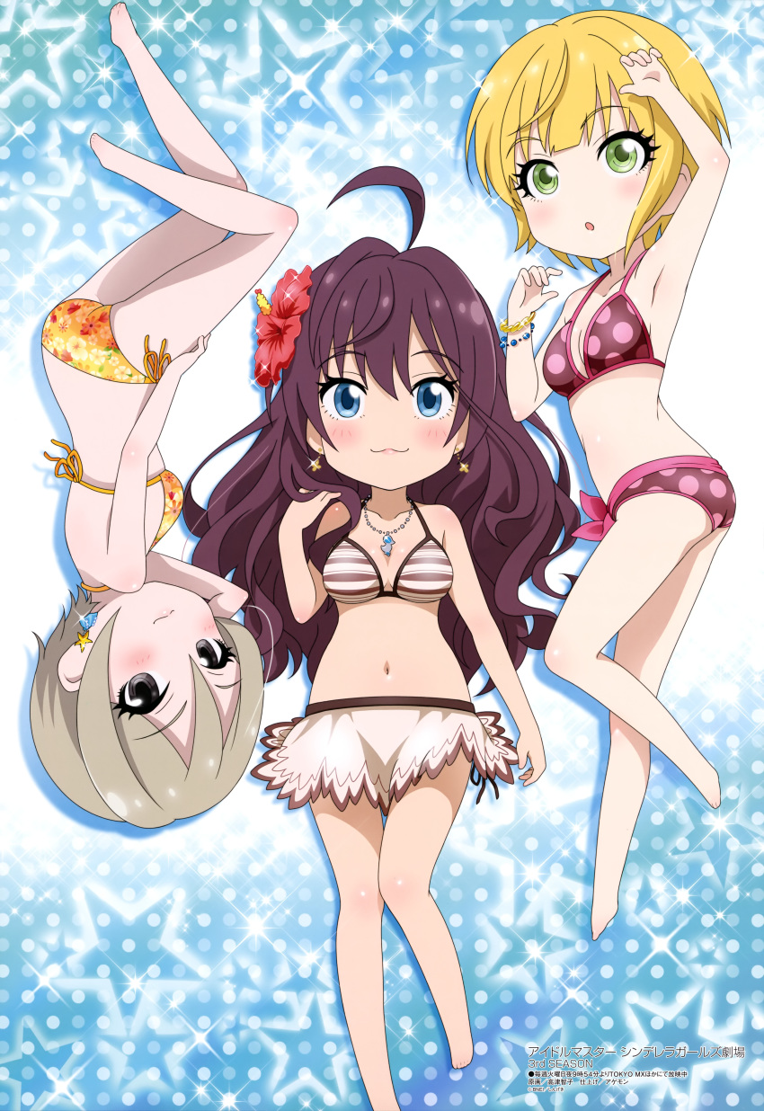 :3 :o absurdres agemono ahoge arm_up armpits ass bare_legs bare_shoulders barefoot bikini bikini_skirt blonde_hair blue_background blush body_blush breasts brown_bikini brown_hair brown_skirt chibi cinderella_girls_gekijou cleavage collarbone earrings eyebrows_visible_through_hair eyes_visible_through_hair floral_print flower full_body green_eyes grey_eyes grey_hair hair_between_eyes hair_flower hair_ornament hand_behind_head hand_in_hair hand_on_own_thigh hibiscus highres ichinose_shiki idolmaster idolmaster_cinderella_girls jewelry large_breasts light_blue_eyes long_hair looking_at_viewer magazine_scan medium_breasts megami miyamoto_frederica multiple_girls navel necklace official_art pigeon-toed pink_lips pink_polka_dots polka_dot polka_dot_bikini print_bikini red_flower scan shiny shiny_hair shiomi_shuuko short_hair side-tie_bikini skindentation skirt smile sparkle_background star star_earrings starry_background striped striped_bikini swimsuit takatsu_tomoko yellow_bikini yellow_earrings