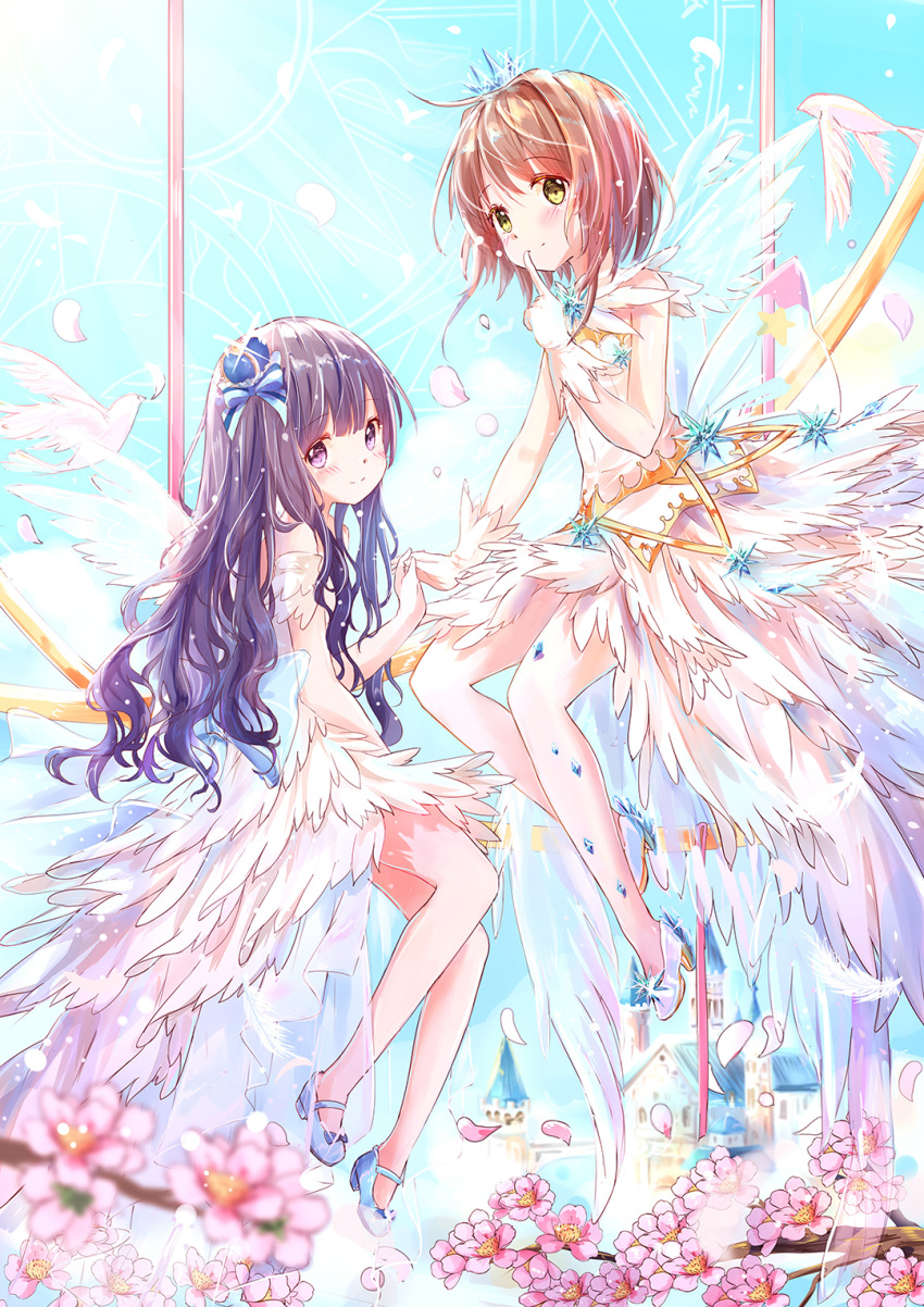 animal back_bow bangs bird blue_bow blue_footwear blurry blurry_foreground blush bow brown_eyes brown_hair cardcaptor_sakura castle closed_mouth commentary_request crown daidouji_tomoyo depth_of_field dress eyebrows_visible_through_hair feathered_wings finger_to_mouth flower gloves hair_between_eyes hair_bow high_heels highres holding_hands kinomoto_sakura long_hair mary_janes mini_crown multiple_girls peas_(peas0125) petals pink_flower purple_eyes purple_hair shoes sleeveless sleeveless_dress smile striped striped_bow tower transparent transparent_wings tree_branch very_long_hair white_dress white_footwear white_gloves white_wings wings