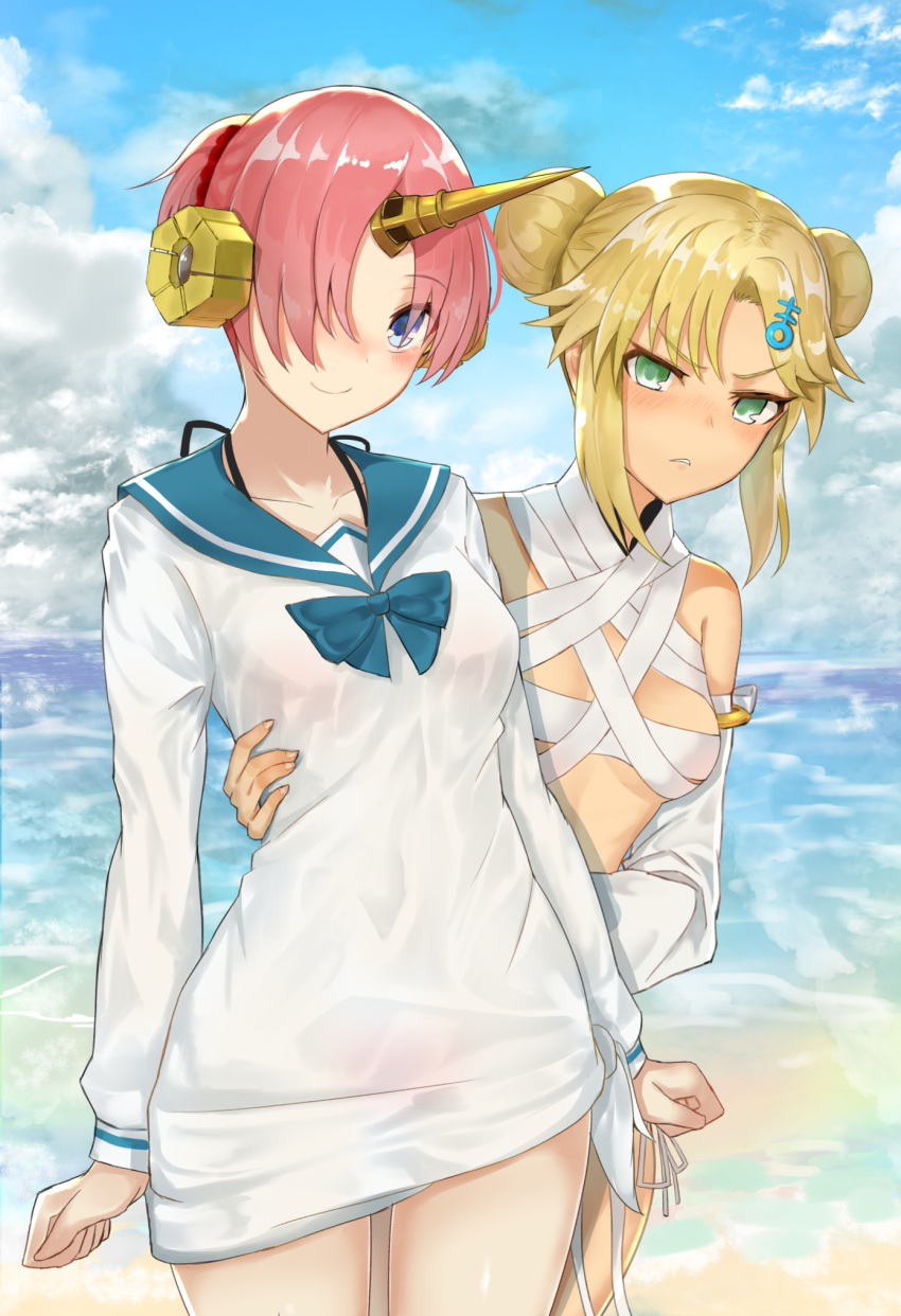 angry bandages bikini bikini_under_clothes blonde_hair blue_eyes blush breasts commentary_request cosplay costume_switch detached_sleeves double_bun fate/grand_order fate_(series) frankenstein's_monster_(fate) frankenstein's_monster_(swimsuit_saber)_(fate) frankenstein's_monster_(swimsuit_saber)_(fate)_(cosplay) frown green_eyes hair_ornament hair_over_one_eye hairclip headgear highres horn hug hug_from_behind komainu_(yamaha1997) mordred_(fate)_(all) mordred_(swimsuit_rider)_(fate) mordred_(swimsuit_rider)_(fate)_(cosplay) multiple_girls ocean pink_hair red_bikini sailor_collar short_hair side-tie_bikini single_detached_sleeve small_breasts smile swimsuit thigh_gap