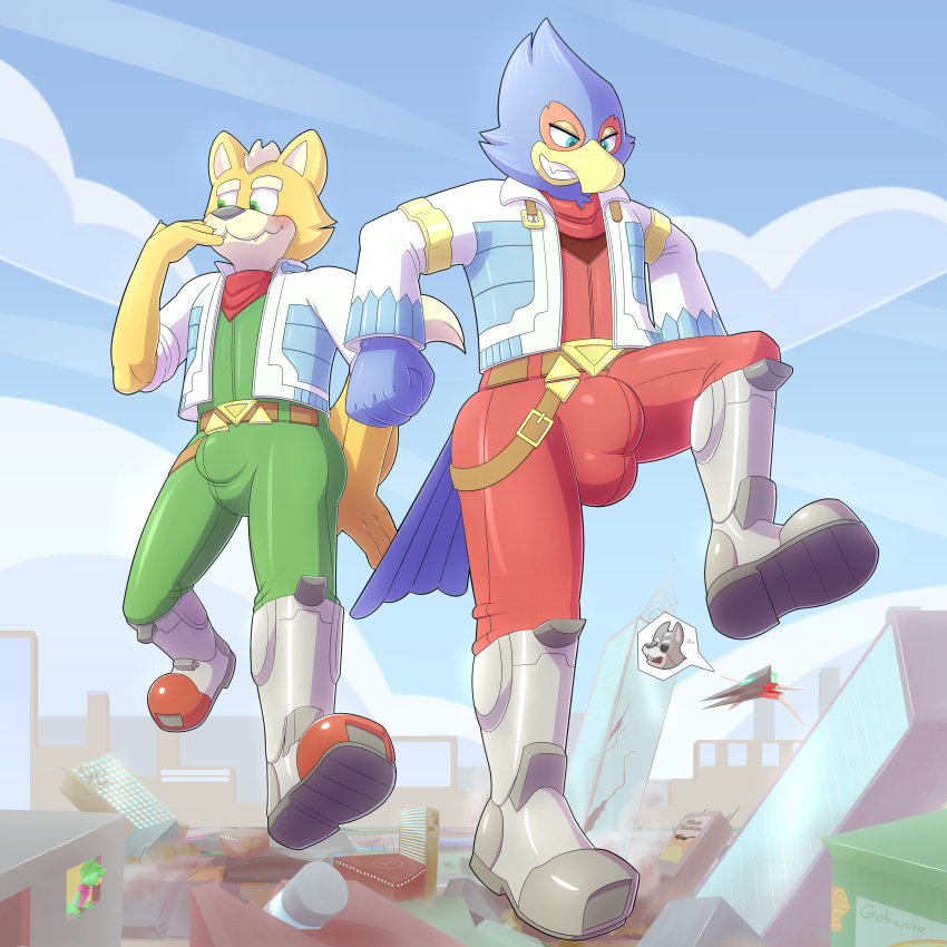 boots bulge canine city clothed clothing destruction falco_lombardi footwear fox fox_mccloud glomiagui macro male mammal nintendo star_fox stomping video_games wolf wolf_o'donnell wolfen