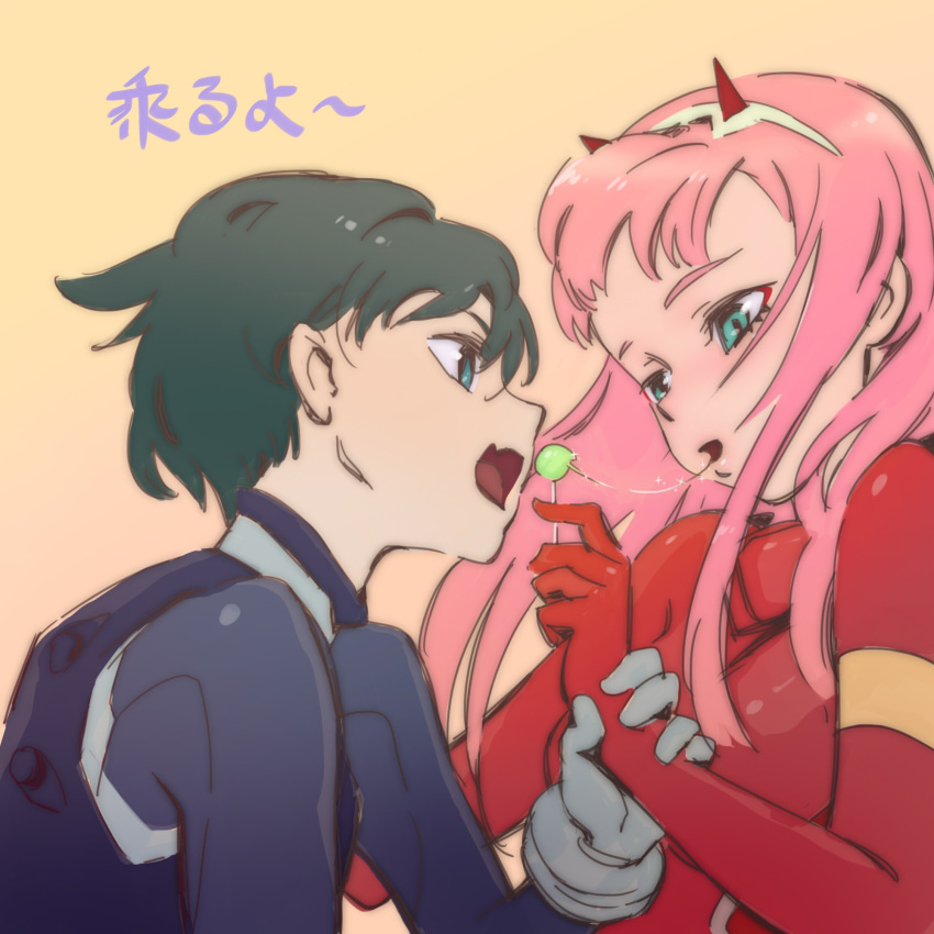 1boy 1girl bangs black_bodysuit black_hair bodysuit breasts candy comic commentary couple darling_in_the_franxx english_commentary food gloves hair_ornament hairband hetero highres hiro_(darling_in_the_franxx) holding_another's_arm holding_lollipop horns industry_age lollipop long_hair looking_at_another medium_breasts oni_horns pilot_suit pink_hair red_bodysuit red_gloves red_horns saliva saliva_trail short_hair translation_request white_gloves white_hairband zero_two_(darling_in_the_franxx)