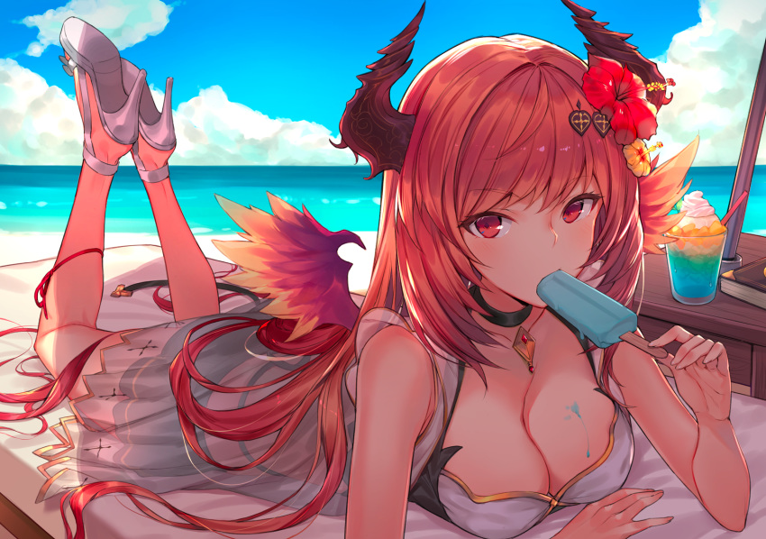 bangs beach bikini blush breasts choker cleavage cloud commentary_request dark_angel_olivia day drinking_straw flower food granblue_fantasy hair_flower hair_ornament hibiscus high_heels highres holding horizon horns long_hair looking_at_viewer lying medium_breasts moriki ocean on_stomach orange_hair outdoors popsicle red_eyes shingeki_no_bahamut sky solo swimsuit wings