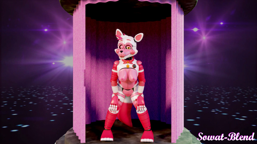 3d_(artwork) animatronic anthro big_breasts bow_tie breasts canine digital_media_(artwork) female five_nights_at_freddy's fox funtime_foxy_(fnafsl) hair looking_at_viewer machine mammal nipples nude robot sister_location smile solo sowat-blend standing video_games