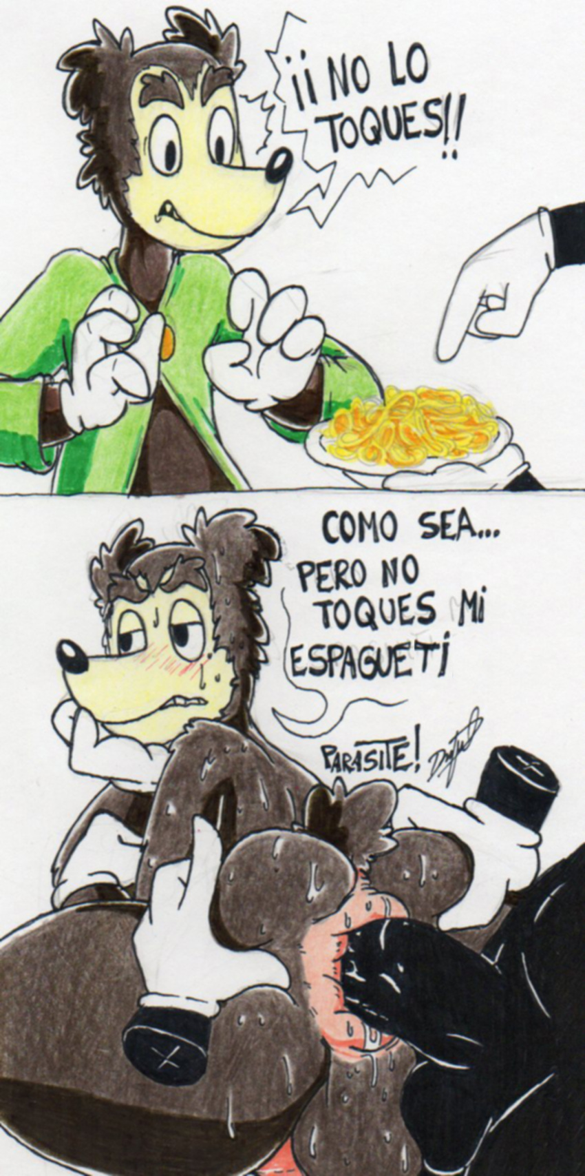 absurd_res anal anal_penetration anthro anus balls bear blush clothing duo gloves hi_res male male/male male_penetrating mammal parasitedeath penetration penis puffy_anus simple_background solo_focus somebody_toucha_my_spaghet spanish_text text