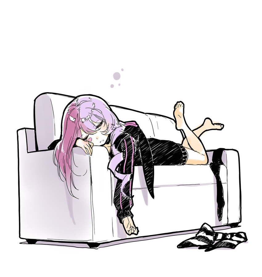1girl asymmetrical_hair barefoot closed_eyes commentary_request couch dress drill_hair hair_flowing_over head_on_arm heart highres lavender_hair legs legs_up long_hair lying marking_on_cheek megumegu multicolored_hair on_couch on_stomach parted_lips pink_hair poaro simple_background single_drill sleeping sleepy solo sweater sweater_dress thick_outlines thighhighs_removed two-tone_hair white_background