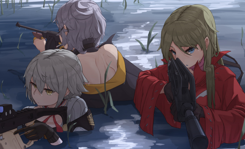 assault_rifle blue_eyes bullpup commentary_request famas famas_(girls_frontline) girls_frontline green_hair gun highres kriss_vector military_operator multiple_girls partially_submerged purple_hair rifle rlin scout submachine_gun swamp thompson_submachine_gun thompson_submachine_gun_(girls_frontline) vector_(girls_frontline) water weapon white_hair yellow_eyes