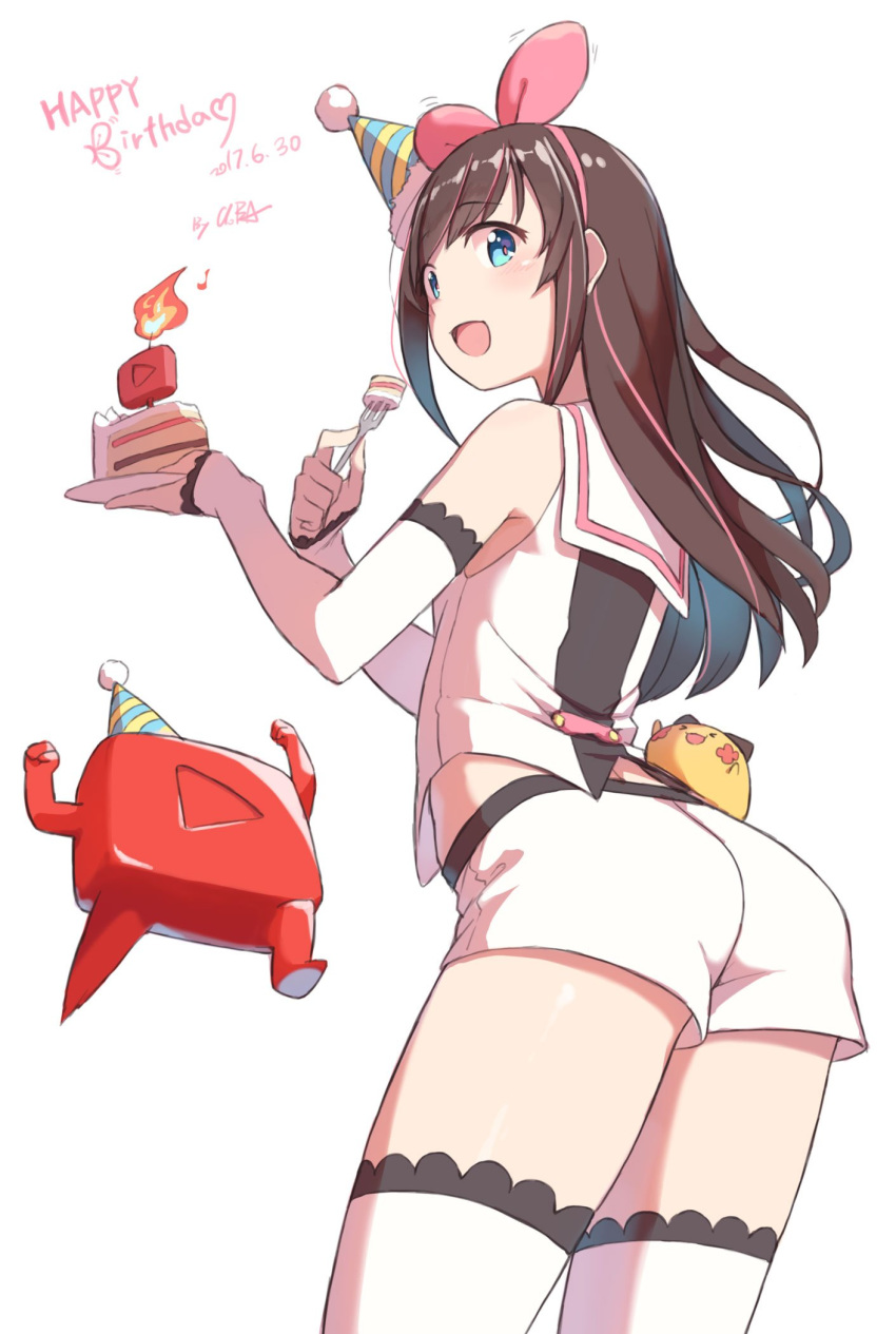 a.i._channel ass bare_shoulders birthday_cake blue_eyes blush brown_hair cake candle cloba commentary_request cowboy_shot creature dated detached_sleeves eating food fork happy_birthday hat highres holding holding_tray kizuna_ai long_hair long_sleeves looking_at_viewer looking_back multicolored_hair open_mouth party_hat pink_hair pink_headband sailor_collar shorts slice_of_cake smile thighhighs tray two-tone_hair virtual_youtuber white_background white_legwear white_sailor_collar white_shorts youtube