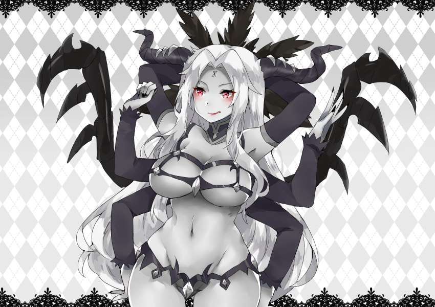 :q absurdres argyle argyle_background ass_visible_through_thighs bangs black_nails blush breasts chaos_(warhammer) commission cowboy_shot demon_girl enteka_(khornette_quest) extra_arms facial_mark fingernails forehead_mark grey_skin hands_up highres horns khornette_quest large_breasts long_hair long_sleeves nail_polish navel original parted_bangs peachpii red_eyes revealing_clothes smile solo standing thigh_gap tongue tongue_out very_long_hair warhammer_40k white_hair wings