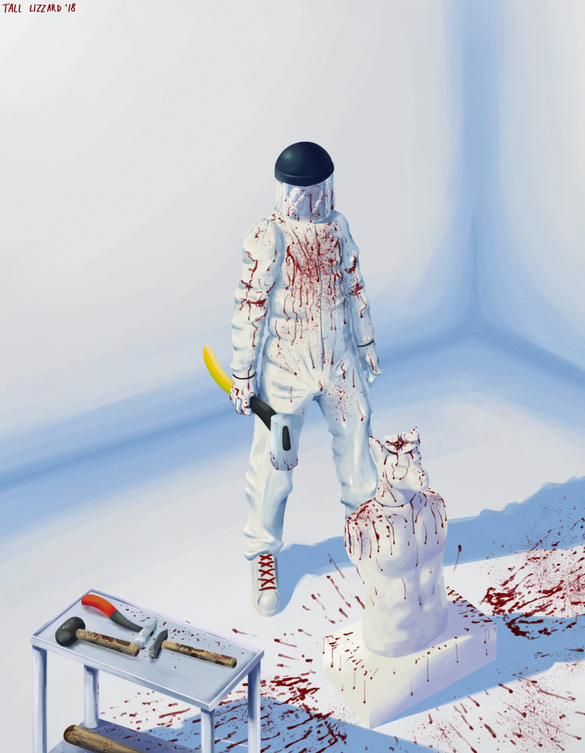 2018 anthro baseball_bat blood clothed clothing costume dexter digital_media_(artwork) fake_blood forensics gloves hammer hi_res holding_object invalid_tag male mannequin mask melee_weapon simple_background solo standing tall_lizzard_(artist) tools uniform weapon