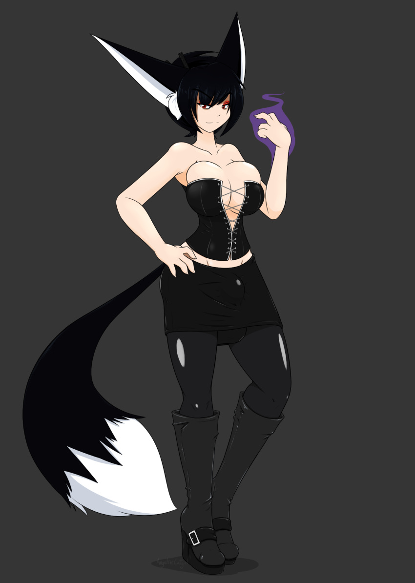 angelthecatgirl animal_humanoid big_breasts black_hair boots breasts bulge cat_humanoid cleavage clothed clothing dickgirl feline footwear hair hi_res high_heels humanoid intersex long_ears magic mammal rubber shoes skirt solo