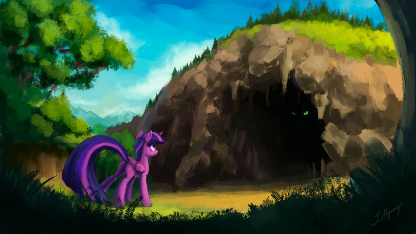 16:9 2018 cave cloud cutie_mark detailed_background duo equine eyelashes feathered_wings feathers female feral friendship_is_magic grass green_eyes green_sclera hair hi_res hooves horn lolliponybrony mammal multicolored_hair my_little_pony nervous nude outside purple_eyes purple_feathers signature sky slit_pupils solo_focus standing tree twilight_sparkle_(mlp) unseen_character wallpaper winged_unicorn wings
