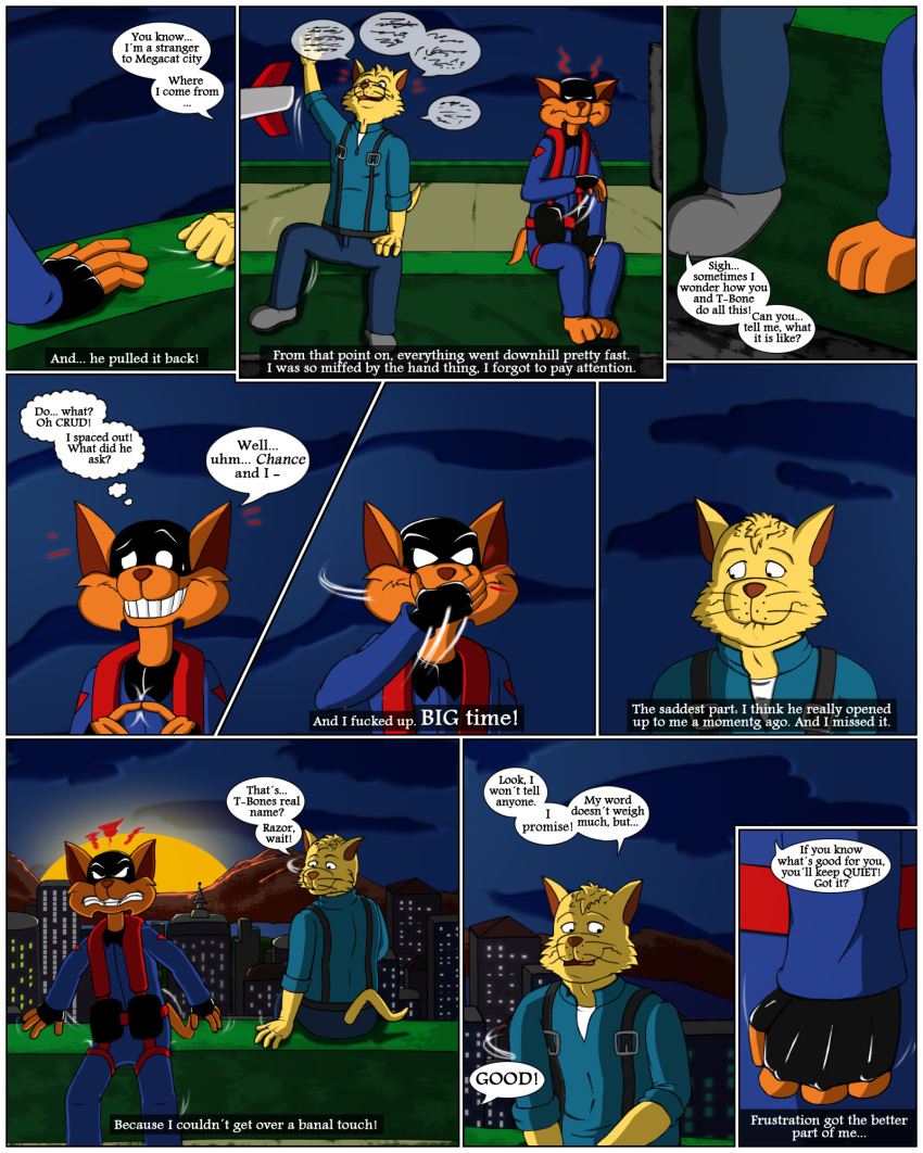 2015 annoyed anthro cat comic dialogue embarrassed feline jake_clawson male mammal mellos swat_kats