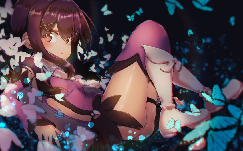 1girl absurdres ass black_hair boots brown_eyes bug butterfly detached_sleeves fate/kaleid_liner_prisma_illya fate_(series) from_side hair_ornament hairclip highres insect karu_(ricardo_2628) knees_up leotard long_hair lying miyu_edelfelt on_back open_mouth purple_legwear purple_leotard solo thigh_strap thighhighs twintails white_footwear
