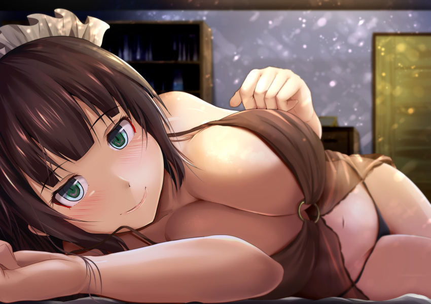 babydoll bangs bare_arms bare_shoulders bed_sheet black_panties blush book bookshelf breasts cleavage clenched_hands close-up closed_mouth collarbone commentary_request doors eyebrows_visible_through_hair fingernails green_eyes highres indoors kanzaki_kureha large_breasts lingerie long_fingernails looking_at_viewer lying maid_headdress navel o-ring o-ring_top on_bed on_side original panties see-through short_hair smile solo stomach underwear