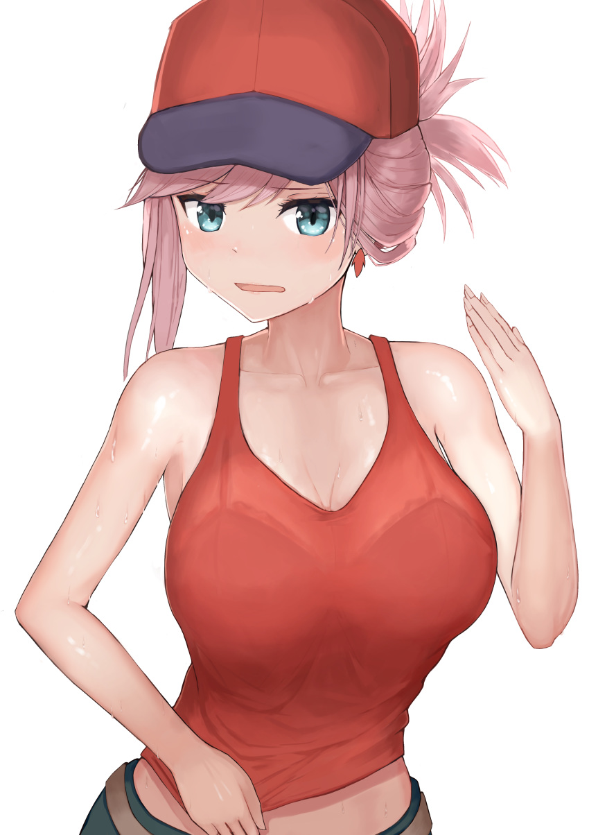 absurdres asymmetrical_hair bangs bare_shoulders baseball_cap blue_eyes blush breasts cleavage collarbone commentary_request fanning_face fate/grand_order fate_(series) hat heroic_spirit_traveling_outfit highres hoshibudou large_breasts long_hair looking_at_viewer midriff miyamoto_musashi_(fate/grand_order) open_mouth pink_hair ponytail red_hat red_tank_top simple_background solo sweat swept_bangs white_background