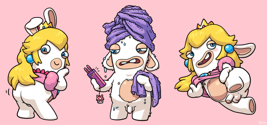 anthro backsack balls blonde_hair blue_eyes butt cellphone clothed clothing clothing_lift crossdressing crown dress dress_lift flaccid hair hi_res holding_object holding_phone looking_at_viewer looking_back male mario_+_rabbids:_kingdom_battle nicolaibunny penis phone rabbid rabbid_peach simple_background towel