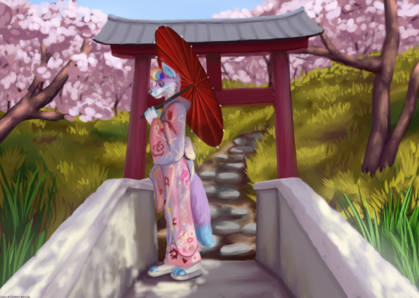 anthro canine clothed clothing fully_clothed fur grass green_eyes holding_object japan japanese_clothing kimono lemurlemurovich mammal parasol pink_fur tree wolf