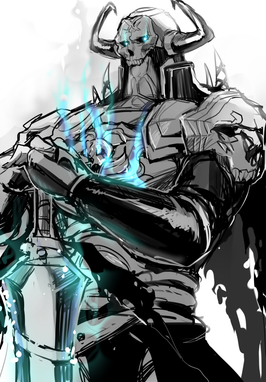armor black_sclera cape fate/grand_order fate_(series) full_armor gauntlets glowing glowing_eyes hands_on_hilt highres horns king_hassan_(fate/grand_order) limited_palette looking_at_viewer male_focus pauldrons planted_sword planted_weapon skull solo suurin_(ksyaro) sword weapon