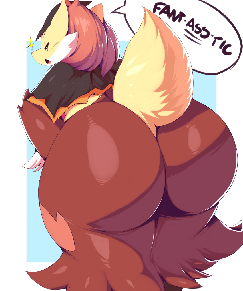 2018 absurd_res anthro big_butt border butt canine cute_fangs delphox digital_media_(artwork) english_text fangs female fluffy hi_res huge_butt huge_hips looking_at_viewer looking_back mammal nintendo open_mouth orange_eyes overweight overweight_female pok&eacute;mon pok&eacute;mon_(species) pok&eacute;morph rear_view simple_background solo speech_bubble text trinity-fate62 video_games white_border wide_hips