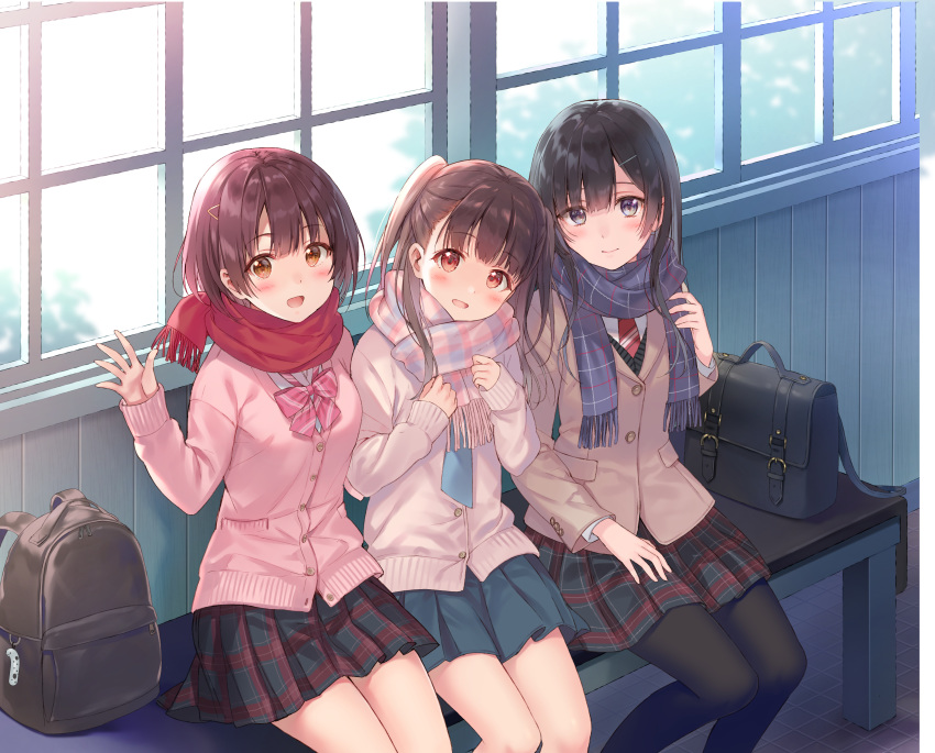 3girls :d absurdres backpack backpack_removed bag bag_charm bench black_hair blue_scarf blue_skirt blush bow bowtie brown_eyes brown_hair charm_(object) commentary_request fukahire_(ruinon) girl_sandwich hair_ornament hairclip hand_on_lap hands_on_own_chest highres jacket loose_bowtie multiple_girls necktie open_mouth original outstretched_hand pantyhose pink_bow pink_cardigan pink_neckwear plaid plaid_scarf plaid_skirt red_scarf sandwiched scarf school_briefcase siblings sisters sitting skirt smile two_side_up waving window