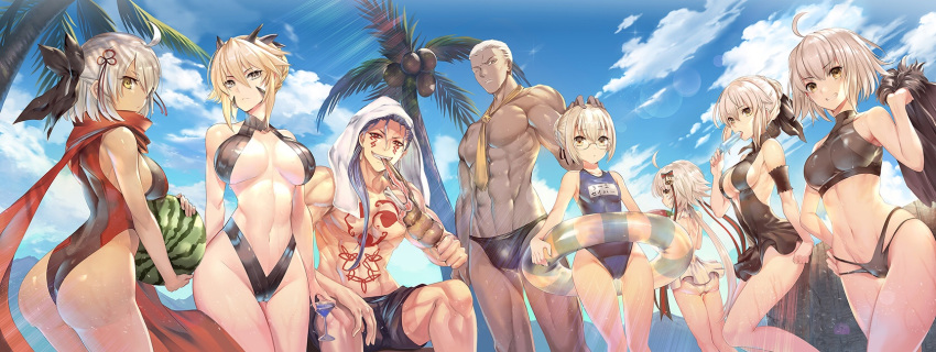 6+girls :&lt; abs ahoge armband artoria_pendragon_(all) artoria_pendragon_(lancer_alter) artoria_pendragon_(swimsuit_rider_alter) ass ass_visible_through_thighs bangs bare_chest bare_shoulders beach bikini black_bikini black_bow black_ribbon black_swimsuit blonde_hair blue_hair blue_sky blue_swimsuit bone bow breasts bulge cameltoe cleavage cloud coconut cu_chulainn_alter_(fate/grand_order) cup dark_skin day drinking_glass eating emiya_alter fate/grand_order fate_(series) food frilled_swimsuit frills fruit fur_trim glasses grin groin hair_bow hand_on_head hand_on_hip head_tilt highres horns jacket jeanne_d'arc_(alter)_(fate) jeanne_d'arc_(fate)_(all) jeanne_d'arc_alter_santa_lily lancer large_breasts long_hair looking_at_viewer looking_back male_swimwear md5_mismatch mountain multiple_boys multiple_girls mysterious_heroine_x_(alter) navel okita_souji_(alter)_(fate) okita_souji_(fate)_(all) one-piece_swimsuit palm_tree popsicle ribbon saber_alter school_swimsuit short_hair shoulder_blades sideboob sitting sky smile standing swim_briefs swimsuit swimwear tattoo teddy_(khanshin) thigh_gap towel towel_on_head tree underboob watermelon wet yellow_eyes