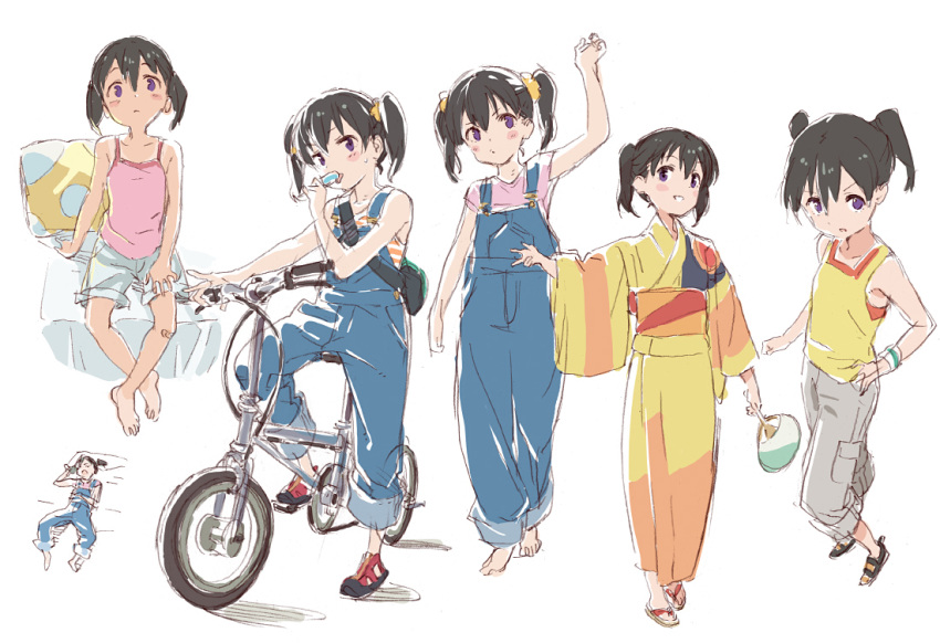 arm_up bag bandaged_leg bandages bare_arms bare_legs bare_shoulders barefoot bicycle commentary_request fan food from_above full_body ground_vehicle hair_ornament hair_scrunchie hand_on_own_thigh holding holding_fan japanese_clothes kimono kuraue_hinata looking_at_viewer matsuo_yuusuke multiple_views overalls paper_fan pillow popsicle riding scrunchie shorts shoulder_bag smile sweat tan tank_top tanline twintails uchiwa v white_background yama_no_susume yukata zouri