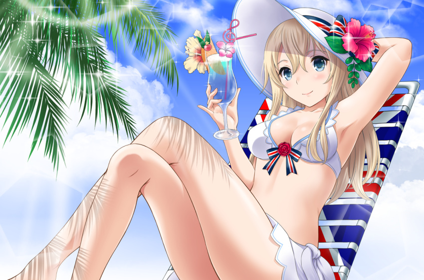 arm_up armpits bikini blue_eyes blue_sky blush bow breasts chair cleavage closed_mouth cloud cloudy_sky commentary_request crazy_straw crossed_legs cup day drink drinking_glass drinking_straw flower hand_up hat hat_bow hat_flower head_tilt holding holding_cup kantai_collection light_brown_hair long_hair looking_at_viewer lounge_chair medium_breasts neko_danshaku outdoors pink_flower red_flower red_rose rose sitting sky smile solo sun_hat swimsuit treble_clef union_jack warspite_(kantai_collection) white_bikini white_hat