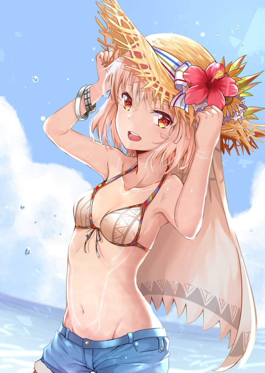 :d absurdres altera_(fate) bikini_top blonde_hair blue_shorts blue_sky bracelet breasts cleavage cloud collarbone day fate/grand_order fate_(series) flower groin hair_between_eyes hat hat_flower hibiscus highres jewelry looking_at_viewer navel ocean open_mouth orange_eyes outdoors red_flower short_hair short_shorts shorts sky small_breasts smile solo standing straw_hat sun_hat sunhyun yellow_hat
