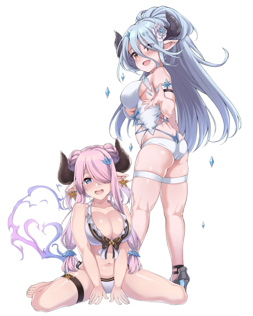 absurdres ass bare_arms bare_shoulders bikini blue_bikini blue_eyes blue_hair blush braid breasts cleavage collarbone commentary_request draph eyebrows_visible_through_hair eyes_visible_through_hair flower full_body granblue_fantasy hair_between_eyes hair_flower hair_ornament hair_over_one_eye hair_over_shoulder halterneck high_heels highleg highleg_bikini highres horns ice izmir large_breasts lavender_hair layered_bikini lips long_hair looking_at_viewer low_tied_hair mole mole_under_mouth multiple_girls narmaya_(granblue_fantasy) navel open_mouth pointy_ears ponytail red_eyes simple_background single_braid sitting skindentation sleeveless spicy_moo stomach swimsuit thigh_strap thighs very_long_hair wariza white_background white_bikini
