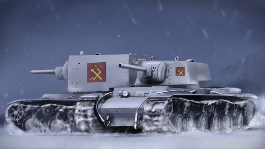 commentary_request emblem girls_und_panzer ground_vehicle highres kv-1 kv-2 military military_vehicle motor_vehicle no_humans pravda_(emblem) sky snow snowing tank tsubasa_(abchipika)